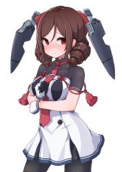 Rule 34 | 1girl, aki inu, black pantyhose, blush, bow, breasts, brown hair, closed mouth, cosplay, dress, drill hair, gloves, hair bow, harukaze (kancolle), headgear, kantai collection, medium breasts, murakumo (kancolle), murakumo (kancolle) (cosplay), necktie, pantyhose, pink necktie, red eyes, short sleeves, simple background, solo, tassel, twin drills, white background