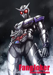 Rule 34 | 1boy, absurdres, armor, black armor, character name, double driver, driver (kamen rider), english text, fish.boy, hand on own hip, highres, kamen rider, kamen rider double, kamen rider double (fangjoker), kamen rider w, male focus, red eyes, rider belt, thigh armor, tokusatsu, two-tone bodysuit, white armor