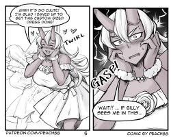 Rule 34 | 1girl, blush, breasts, comic, dress, fangs, gasp, hands on own cheeks, hands on own face, heart, highres, horns, jewelry, kirika (peach88), large breasts, long hair, necklace, oni, oni horns, original, peach88, pearl necklace, scrunchie, speech bubble, sweat, wrist scrunchie