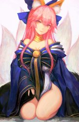 Rule 34 | 10s, 1girl, animal ears, bad id, bad pixiv id, bare shoulders, breasts, cleavage, fate/extra, fate (series), fox ears, fox tail, japanese clothes, kimono, labombardier!, long hair, looking at viewer, medium breasts, multiple tails, official alternate costume, pink hair, seiza, sitting, sleeves past wrists, solo, tail, tamamo (fate), tamamo no mae (fate/extra), tamamo no mae (third ascension) (fate), yellow eyes