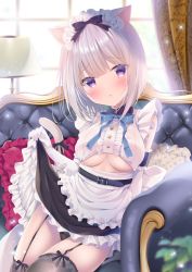 Rule 34 | 1girl, animal ear fluff, animal ears, apron, backlighting, belt, belt buckle, black belt, black bow, black panties, black skirt, blush, bow, breasts, buckle, cat ears, cat girl, cat tail, center frills, clothes lift, clothing cutout, commentary request, couch, curtains, day, frilled apron, frilled pillow, frilled skirt, frills, garter straps, grey thighhighs, hair bow, indoors, lifted by self, looking at viewer, maid, maid headdress, medium breasts, on couch, original, panties, parted lips, pillow, purple eyes, shibainu niki, shirt, short hair, silver hair, sitting, skirt, skirt lift, solo, sunlight, tail, tail bow, tail ornament, thighhighs, underboob, underboob cutout, underwear, white apron, white shirt, window