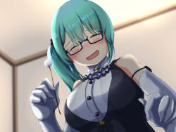 Rule 34 | .live, 1girl, bare shoulders, black-framed eyewear, black vest, blush, breasts, buttons, collared shirt, commentary request, confused, covering privates, covering breasts, cropped torso, dress shirt, elbow gloves, glasses, gloves, green hair, hair between eyes, highres, kagura suzu (.live), large breasts, long hair, mimikaki, open mouth, ribbon-trimmed gloves, ribbon trim, room, semi-rimless eyewear, shirt, side ponytail, sleeveless, sleeveless shirt, smile, solo, typemekarauroko196, under-rim eyewear, vest, virtual youtuber, white gloves, white neckwear, white shirt