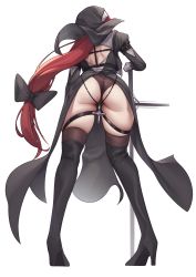 Rule 34 | 1girl, absurdres, ass, back, bad id, bad pixiv id, black panties, black thighhighs, boots, full body, gloves, high heels, highres, long hair, mung (larnec), original, panties, red hair, solo, thigh boots, thighhighs, underwear, veil