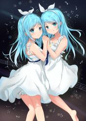 Rule 34 | 2girls, :q, absurdres, aqua eyes, aqua hair, bare shoulders, blush, bow hairband, clip studio paint (medium), closed mouth, dress, hair ribbon, hairband, highres, holding hands, interlocked fingers, long hair, looking at viewer, multiple girls, musical note, na kyo, near (sound voltex), noah (sound voltex), ribbon, siblings, sisters, smile, sound voltex, staff (music), thick eyebrows, tongue, tongue out, twins, white dress, white hairband, white ribbon