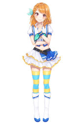 Rule 34 | 1girl, absurdres, aozora jumping heart, aqua bow, belt, blue nails, boots, bow, brown hair, earrings, frilled skirt, frills, full body, hair bow, head tilt, highres, idol, index finger raised, jewelry, knee boots, layered skirt, long hair, looking at viewer, love live!, love live! sunshine!!, midriff, miniskirt, nail polish, navel, original, red eyes, shirt, short sleeves, simple background, skirt, smile, solo, standing, stomach, striped bow, striped clothes, striped thighhighs, sudach koppe, swept bangs, thighhighs, white background, white footwear, white shirt, white skirt, zettai ryouiki