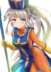 Rule 34 | 1girl, alternate costume, blue cape, blue hair, blue hat, blush, braid, braided hair rings, breasts, cape, cosplay, fate/grand order, fate (series), grey hair, hair rings, hat, highres, long hair, looking at viewer, medium breasts, mitre, multicolored hair, open mouth, ponytail, pope joan (fate), priest (dq3), priest (dq3) (cosplay), purple eyes, sen (astronomy), solo, staff, twin braids, two-tone hair