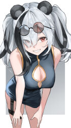 Rule 34 | 1girl, absurdres, animal ears, arknights, bare arms, bare shoulders, black hair, breasts, china dress, chinese clothes, cleavage cutout, clothing cutout, commentary request, dress, eyes visible through hair, eyewear on head, feater (arknights), grey background, grey hair, hair over one eye, hand on knees, highres, large breasts, leaning forward, looking at viewer, multicolored hair, panda ears, panda girl, puranetto (vjun4748), red eyes, round eyewear, smile, solo, streaked hair, sunglasses, thigh strap, twintails, two-tone background, white background