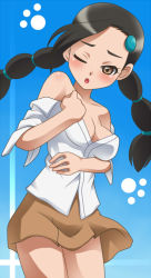 Rule 34 | 00s, 1girl, awa, bare shoulders, blue background, blush, braid, candice (pokemon), creatures (company), game freak, gym leader, multi-tied hair, nintendo, one eye closed, paw print, pokemon, pokemon dppt, skirt, solo, twin braids, twintails, undressing, wink