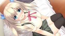 Rule 34 | 1 coin lover, 1girl, angry, bed, blonde hair, blue eyes, blush, breasts, fang, game cg, highres, indoors, large breasts, maia (one lover), moric, one lover, one lover vol 1 -maia-, school uniform, shirt, skirt, solo, thighhighs, twintails, zettai ryouiki