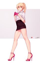 Rule 34 | 1boy, absurdres, blonde hair, bluefield, full body, gloves, green eyes, grin, high heels, highres, looking at viewer, male focus, office lady, original, pencil skirt, pink gloves, pink hair, ponytail, skirt, smile, solo, trap