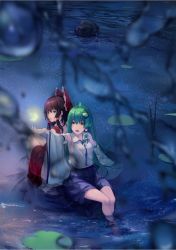 Rule 34 | 2girls, :/, :o, back-to-back, blue skirt, bow, brown eyes, brown hair, closed mouth, collared shirt, commentary, detached sleeves, frilled bow, frills, frog hair ornament, glowing, green hair, hair bow, hair ornament, hair tubes, hakurei reimu, hoshino arika, kochiya sanae, lily pad, long hair, looking at object, looking back, multiple girls, open hand, open mouth, outstretched arm, red bow, red skirt, red vest, ripples, rock, shirt, sidelocks, single sidelock, sitting, skirt, skirt set, snake hair ornament, soaking feet, touhou, vest, water, white shirt, white sleeves, wide sleeves, yellow eyes