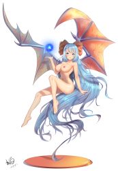 Rule 34 | 1girl, absurdly long hair, absurdres, blue eyes, blue hair, blush, bow, breasts, completely nude, demon girl, demon wings, full body, hair bow, highres, long hair, looking at viewer, magic, nail polish, navel, nipples, nude, original, solo, transparent background, very long hair, wings, xiaoxi0619