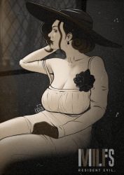 Rule 34 | absurdres, alcina dimitrescu, black flower, black hair, blood, breasts, corsage, dress, flower, gloves, hat, highres, lipstick, looking through the-window, makeup, milfippai, pale, resident evil, resident evil village, sitting, smeared lipstick, smile, sun hat, tall female, window, yellow eyes