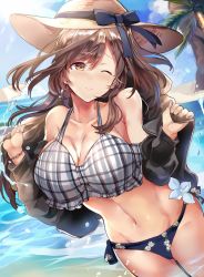 Rule 34 | 1girl, alternate costume, arms up, bare shoulders, beach, bikini, blue sky, blush, bracelet, breasts, brown eyes, brown hair, cleavage, closed mouth, collarbone, commentary request, day, hat, himuro shunsuke, idolmaster, idolmaster shiny colors, jewelry, large breasts, long hair, navel, ocean, one eye closed, palm tree, partially submerged, plaid bikini top, sand, side-tie bottom, sky, solo, sweater, swimsuit, tree, umbrella, water, waves