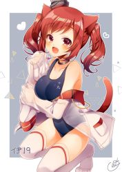 Rule 34 | 1girl, :d, animal ears, azur lane, bare shoulders, blue one-piece swimsuit, blush, breasts, cat ears, cat girl, cat tail, character name, collarbone, commentary request, fang, hand up, highres, i-19 (azur lane), long sleeves, medium breasts, no shoes, off shoulder, one-piece swimsuit, open mouth, pk (mukasihasakana), red eyes, red hair, see-through, shirt, sidelocks, signature, sleeves past fingers, sleeves past wrists, smile, solo, swimsuit, tail, tail raised, thighhighs, twintails, white shirt, white thighhighs