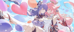 Rule 34 | 2girls, animal ears, ankle bell, balloon, bell, blue sky, braid, breasts, carrying, cleavage, closed eyes, closed mouth, cloud, couple, detached sleeves, earrings, floating hair, floppy ears, flower, flower knot, foot out of frame, fox ears, genshin impact, hair flower, hair ornament, hand on another&#039;s shoulder, heart balloon, highres, japanese clothes, jewelry, jingle bell, kimono, legs, long hair, long sleeves, low-braided long hair, low-tied long hair, medium breasts, mole, mole under eye, multiple girls, nail polish, nontraditional miko, off shoulder, parted lips, pink hair, platform footwear, princess carry, purple flower, purple hair, purple kimono, purple nails, raiden shogun, ribbon trim, sandals, shirt, shrug (clothing), sideboob, sidelocks, single braid, sky, sleeveless, sleeveless shirt, tassel, tassel hair ornament, thighs, turtleneck, very long hair, white shirt, wide sleeves, yae miko, yang lizi, yuri