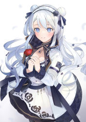 Rule 34 | 1girl, black flower, black rose, blue eyes, breasts, cleavage, closed mouth, commentary request, copyright request, double bun, dress, flower, gradient background, grey background, hair bun, holding, holding flower, hu kotora, jacket, long sleeves, looking at viewer, maid, maid headdress, medium breasts, open clothes, open jacket, red flower, red rose, rose, silver hair, smile, solo, virtual youtuber, white background, white dress, white jacket