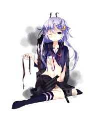 Rule 34 | 10s, 1girl, blue eyes, crescent, crescent hair ornament, full body, hair ornament, kantai collection, kusada souta, long hair, long sleeves, looking at viewer, navel, neckerchief, official art, one eye closed, personification, pleated skirt, purple hair, ribbon, school uniform, short hair with long locks, skirt, solo, torn clothes, transparent background, white background, wince, yayoi (kancolle)