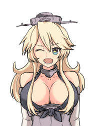 Rule 34 | 1girl, bare shoulders, blonde hair, blue eyes, breasts, cleavage, highres, iowa (kancolle), kantai collection, large breasts, long hair, looking at viewer, one eye closed, open mouth, simple background, smile, solo, star-shaped pupils, star (symbol), symbol-shaped pupils, table (msn-00100hyak-shiki), teeth