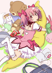 Rule 34 | 10s, 1girl, ayukko (forest village), body pillow, bow, bubble skirt, digital media player, female focus, food, frills, hair bow, kaname madoka, kneehighs, kyubey, looking at viewer, looking up, lying, magical girl, mahou shoujo madoka magica, mahou shoujo madoka magica (anime), on banana, pillow, pink eyes, pink hair, pocky, short twintails, sketch, skirt, socks, stuffed animal, stuffed pig, stuffed rabbit, stuffed toy, teddy bear, twintails