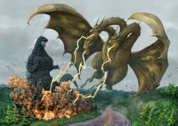 Rule 34 | absurdres, breath weapon, breathing lightning, cloud, cloudy sky, conjoined, day, dinosaur, dragon, dust, electricity, energy, energy beam, explosion, fire, flying, forest, glowing, glowing mouth, glowing spikes, godzilla, godzilla (series), godzilla vs. king ghidorah, gravity beam, highres, hydra, kaijuu, king ghidorah, mouth beam, multiple heads, multiple tails, nature, no humans, open mouth, overcast, road, roaring, sharp teeth, sky, smoke, street light, tail, teeth, toho, tree, ultra-taf, wind, wings, yellow electricity