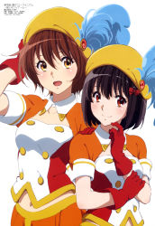 Rule 34 | 2girls, :d, absurdres, alternate costume, arm up, band uniform, beret, blush, bow, breasts, brown eyes, brown hair, buttons, detached collar, feathers, female focus, gekijouban hibike! euphonium, gloves, hair bow, hand on another&#039;s shoulder, hand on own chin, hand up, hat, hat feather, hibike! euphonium, highres, hisaishi kanade, ikeda shouko, marching band, medium breasts, midriff, multiple girls, navel, official art, open clothes, open mouth, open vest, orange skirt, oumae kumiko, pleated skirt, red bow, red eyes, red gloves, short hair, short sleeves, simple background, skirt, small breasts, smile, vest, white background, wing collar, yellow headwear
