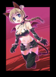 Rule 34 | 1girl, ahoge, blonde hair, blue eyes, braid, breasts, cleavage, cosplay, disgaea, etna (disgaea), etna (disgaea) (cosplay), imu sanjo, large breasts, lynette bishop, miniskirt, single braid, skirt, skull, solo, strike witches, tail, thighhighs, wings, world witches series