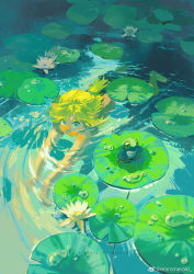 Rule 34 | 1boy, afloat, aqua eyes, emmmerald, flower, freediving, green hair, green theme, highres, lily pad, looking at viewer, lotus, low ponytail, solo, swimming, underwater, water