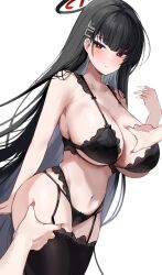 Rule 34 | 1girl, 2others, absurdres, annotated, black bra, black hair, black panties, black thighhighs, blue archive, blush, bra, breasts, cleavage, cowboy shot, hair ornament, hairpin, halo, highres, large breasts, long hair, mindoll, multiple others, navel, open mouth, panties, red eyes, ringed eyes, rio (blue archive), simple background, thighhighs, underwear, white background