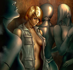 Rule 34 | 1girl, blonde hair, breasts, cleavage, heather mason, mannequin, naked vest, no bra, open clothes, short hair, silent hill, silent hill (series), silent hill 3, vest