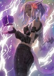 Rule 34 | 1girl, animal ears, black pants, blue hair, braid, cat ears, cat girl, cat tail, colored tips, cube, detached sleeves, electricity, eutrope (ff14), final fantasy, final fantasy xiv, fingerless gloves, gloves, highres, kurogorororo, lightning, looking at viewer, miqo&#039;te, multicolored hair, pants, pink hair, ponytail, side braid, single detached sleeve, single sleeve, solo, tail, yellow eyes