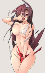 Rule 34 | 1girl, ;o, animal ears, areola slip, arm up, between legs, breasts, brown hair, cowboy shot, fox ears, fox tail, grey background, groin, hair between eyes, half-closed eye, hand between legs, highres, hira (nanika no heya), imaizumi kagerou, large breasts, legs together, long hair, looking at viewer, nail polish, navel, one eye closed, open mouth, red eyes, red nails, red skirt, shirt, simple background, skirt, solo, tail, touhou, wolf ears, wolf tail