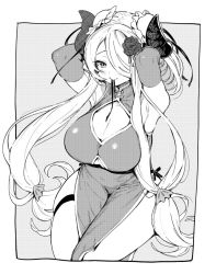 Rule 34 | 1girl, adjusting hair, breasts, bun cover, china dress, chinese clothes, cleavage, cleavage cutout, clothing cutout, double bun, draph, dress, elbow gloves, flower, gloves, granblue fantasy, greyscale, hair bun, hair flower, hair ornament, hair over one eye, horns, large breasts, long hair, low-tied long hair, monochrome, mouth hold, narmaya (granblue fantasy), ribbon, sakita (ookawarii), sitting, smile, solo, thigh strap, thighs, underboob cutout, very long hair, wide hips