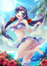 Rule 34 | 10s, 1girl, :d, aqua eyes, ass, bikini, blush, breasts, cleavage, day, flower, green eyes, hibiscus, long hair, looking at viewer, love live!, love live! school idol festival, love live! school idol project, motokonut, navel, open mouth, palm tree, purple hair, sky, smile, solo, sun, swimsuit, tojo nozomi, tree, trefoil, twintails, water