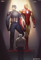 Rule 34 | 1boy, absurdres, arc reactor, armor, avengers: endgame, avengers (series), back, belt, black pants, blue bodysuit, blue eyes, bodysuit, boots, brown belt, brown footwear, brown gloves, brown jacket, captain america, clenched hand, closed mouth, full armor, gloves, grey hair, helmet, highres, holding, holding shield, iron man, jacket, long sleeves, looking to the side, male focus, marvel, marvel cinematic universe, multicolored armor, pants, power armor, red armor, shield, short hair, solo, stage lights, standing, star (symbol), statue, steve rogers, striped bodysuit, superhero costume, weibo 7679603574, yellow armor