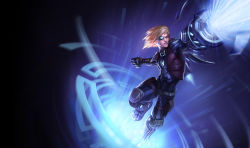 Rule 34 | 1boy, arm cannon, artificial eye, blonde hair, boots, clenched hand, cyborg, ezreal, league of legends, male focus, mechanical eye, official art, pulsefire ezreal, solo, vest, weapon