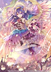 Rule 34 | 1girl, :d, asymmetrical legwear, bare shoulders, beamed quavers, blue eyes, blue hair, blush, character request, detached sleeves, dress, earrings, feathered wings, flower, frilled sleeves, frills, full body, hagoromo, hair flower, hair ornament, heterochromia, jewelry, light particles, long hair, long sleeves, looking at viewer, matching hair/eyes, mismatched legwear, multicolored wings, musical note, nozomi fuuten, open mouth, original, pantyhose, petals, pink flower, pink rose, quaver, reaching, reaching towards viewer, red eyes, rose, shawl, sheet music, smile, solo, staff (music), thighband pantyhose, tiara, two side up, white pantyhose, wide sleeves, wings, z/x