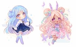 Rule 34 | 2girls, :d, animal, blonde hair, blue eyes, blue hair, blue legwear, blue skirt, blush, bug, butterfly, butterfly hair ornament, chibi, commentary, commission, dark-skinned female, dark skin, double bun, english commentary, flower, frilled legwear, frilled skirt, frills, hair bun, hair flower, hair ornament, hands on own face, hands up, high-waist skirt, hyanna-natsu, insect, juliet sleeves, long hair, long sleeves, multiple girls, open mouth, original, parted lips, pink skirt, puffy short sleeves, puffy sleeves, purple eyes, purple flower, purple footwear, purple rose, rose, shirt, shoes, short sleeves, skirt, sleeves past wrists, smile, socks, sparkle, standing, standing on one leg, striped clothes, striped skirt, thighhighs, vertical-striped clothes, vertical-striped skirt, very long hair, watermark, white background, white shirt, wide sleeves