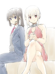 Rule 34 | 2girls, bare legs, bare shoulders, black collar, black hair, black suit, blonde hair, closed mouth, collar, commentary, crossed legs, dress, earpiece, feet out of frame, formal, highres, inoue takina, long hair, long sleeves, looking at viewer, lycoris recoil, mitsuhiro-510-goto, multiple girls, necktie, nishikigi chisato, official alternate costume, ponytail, purple eyes, red dress, red eyes, red necktie, short hair, sitting, sleeveless, sleeveless dress, smile, suit