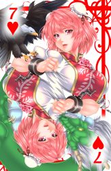 Rule 34 | 1girl, bird, blouse, breasts, card, card (medium), chain, commentary request, double bun, dragon, eagle, flower, heart, highres, ibaraki kasen, large breasts, multiple views, open mouth, pink eyes, pink hair, playing card, puffy short sleeves, puffy sleeves, shirt, short sleeves, tabard, taut clothes, touhou, white shirt, yoiti