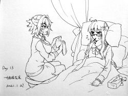 2girls absurdres alternate_costume animal_ears artist_name bed bingdian_lihua blush breasts couch curtains dated eyepatch flower glasses greyscale hair_flower hair_ornament highres hood_(warship_girls_r) lamp lineart long_hair looking_at_another monochrome multiple_girls on_bed pajamas patchouli_knowledge pillow prince_of_wales_(warship_girls_r) short_hair sitting tissue_box towel traditional_media warship_girls_r weibo_logo weibo_watermark yuri