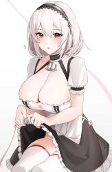 Rule 34 | 1girl, :o, absurdres, anchor choker, azur lane, blush, breasts, choker, cleavage, clothes lift, frilled choker, frills, hairband, highres, lace-trimmed hairband, lace trim, large breasts, looking at viewer, no panties, raitho, red eyes, simple background, sirius (azur lane), sitting, skirt, skirt lift, solo, surprised, thighhighs, thighs, white background, white hair, white thighhighs