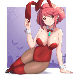 Rule 34 | absurdres, alternate costume, animal ears, arm support, bow, bowtie, breasts, chest jewel, commentary request, covered navel, detached collar, earrings, fake animal ears, full body, highres, jewelry, large breasts, leotard, looking at viewer, lying, on side, playboy bunny, pyra (xenoblade), rabbit ears, red eyes, red hair, ryochan96154, short hair, solo, strapless, strapless leotard, swept bangs, thighhighs, tombstone, wrist cuffs, xenoblade chronicles (series), xenoblade chronicles 2
