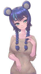 Rule 34 | 1girl, absurdres, animal ears, bad id, bad pixiv id, bear ears, bear girl, blue eyes, blue hair, blush, breasts, brown sweater, collarbone, fujikura uruka, head tilt, highres, long hair, medium breasts, parted lips, phase connect, ribbed sweater, roober, smile, solo, sweater, twitter username, upper body, virtual youtuber, white background