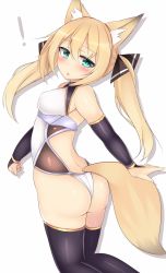 Rule 34 | 1girl, animal ears, ass, bare shoulders, blonde hair, blue eyes, blush, breasts, bridal gauntlets, covered erect nipples, fox ears, fox tail, highres, kutan, leotard, long hair, looking at viewer, open mouth, original, rinka (ruuku), solo, tail, thighhighs, twintails