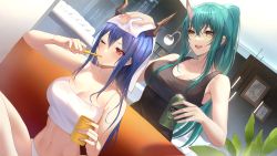 Rule 34 | 2girls, :d, arknights, bare arms, bare shoulders, black shirt, blue hair, breasts, camisole, can, ch&#039;en (arknights), cleavage, collarbone, commentary, crop top, cup, dragon horns, dutch angle, green hair, hair between eyes, hand on another&#039;s head, highres, holding, holding can, holding cup, horns, hoshiguma (arknights), indoors, kernel killer, large breasts, long hair, midriff, multiple girls, navel, one eye closed, open mouth, panties, ponytail, red eyes, revision, shirt, single horn, smile, spaghetti strap, stomach, symbol-only commentary, towel, towel on head, underwear, white panties, yellow eyes