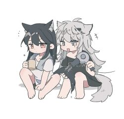 Rule 34 | +++, 2girls, :d, animal ears, arknights, barefoot, black hair, black shirt, black shorts, brown eyes, chibi, closed mouth, cup, grey eyes, grey hair, hair between eyes, hair dryer, hair ornament, hairclip, holding, holding cup, lappland (arknights), long hair, mug, multiple girls, notice lines, off shoulder, open mouth, scar, scar across eye, seri (vyrlw), shadow, shirt, short shorts, shorts, simple background, sitting, smile, tail, texas (arknights), towel, towel around neck, very long hair, white background, white shirt