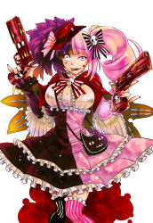 Rule 34 | 10s, 1girl, alicia (chain chronicle), bag, black legwear, blood, blood on face, breasts, chain chronicle, crazy eyes, crazy smile, dress, flower, gothic lolita, gun, hair ornament, handbag, handgun, hat, highres, jh, large breasts, lolita fashion, long hair, multicolored hair, nail polish, one eye closed, pink eyes, pink legwear, revolver, skull, skull hair ornament, smile, solo, striped, tongue, tongue out, weapon