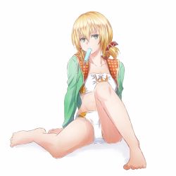 Rule 34 | 1girl, barefoot, bikini, blonde hair, collarbone, edna (tales), edna (water-averse girl) (tales), food, full body, green eyes, green jacket, hair between eyes, hair ornament, jacket, looking at viewer, mishiro (andante), mouth hold, official alternate costume, open clothes, open jacket, popsicle, short hair, short twintails, simple background, sitting, solo, strapless, strapless bikini, swimsuit, tales of (series), tales of zestiria, twintails, white background, white bikini
