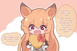 Rule 34 | 1girl, :d, animal ears, arknights, blush stickers, brown background, brown hair, brown jacket, ceobe (arknights), english text, fang, hair between eyes, heart, holding, holding heart, jacket, kurotofu, long hair, looking at viewer, open mouth, red eyes, smile, solo, two-tone background, upper body, very long hair, white background
